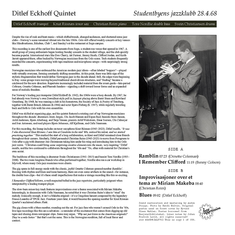 Ditlef Eckhoff Quintet <br>Live At Sogn Student Campus 1968 <br> 180g LP - Image 2